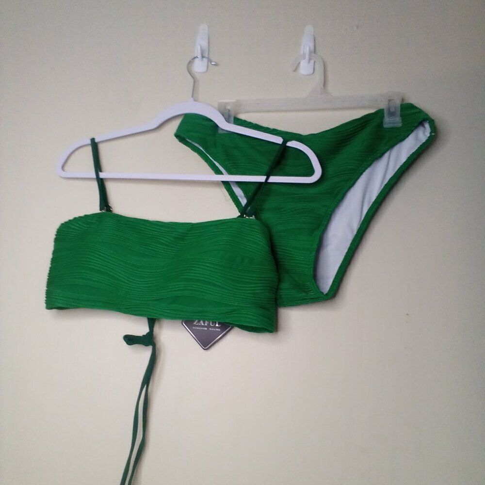 Zaful Swimsuit Bikini Women XL 2 Piece High Rise Ribbed Textured Green